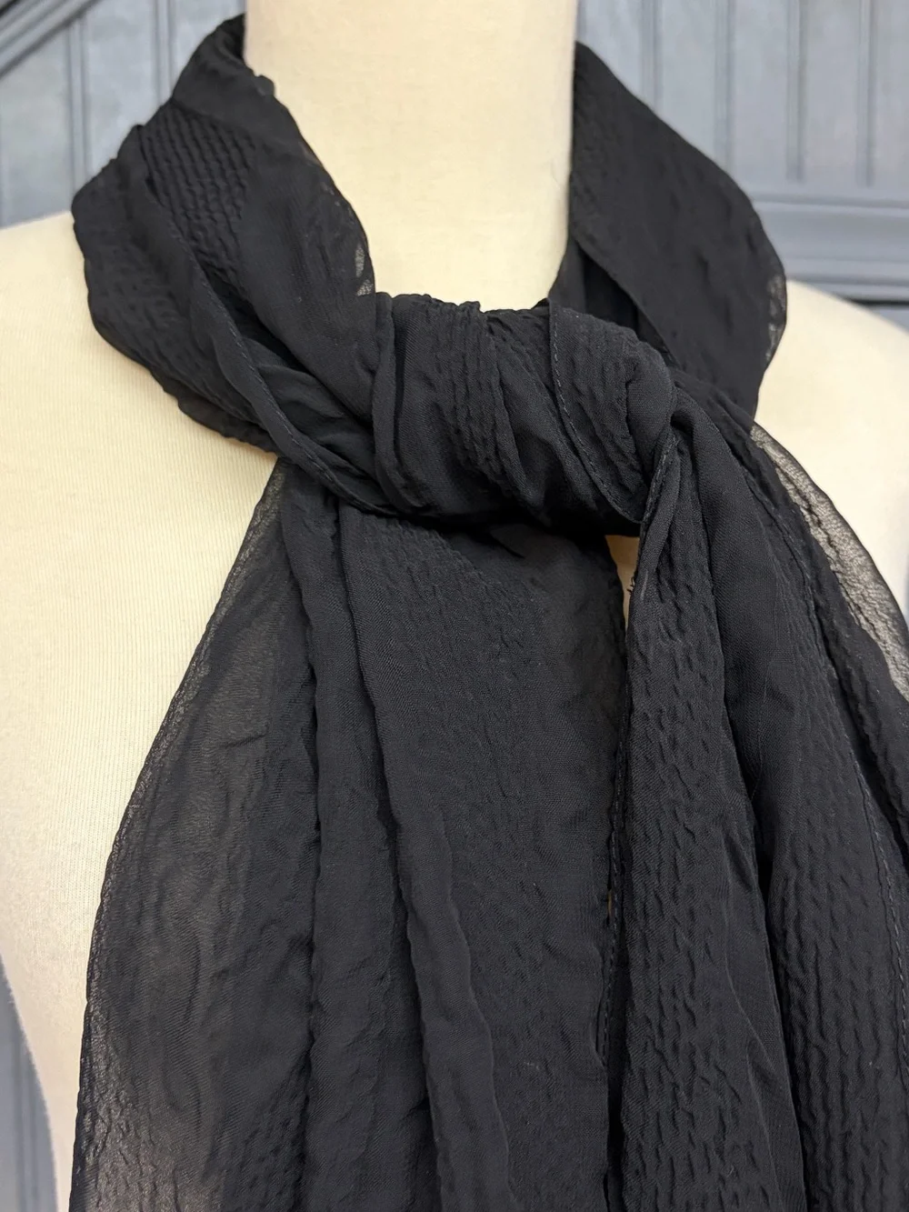 Y2K Black Sheer Crinkle Beaded Fringe Scarf Shawl Wrap Boho Goth